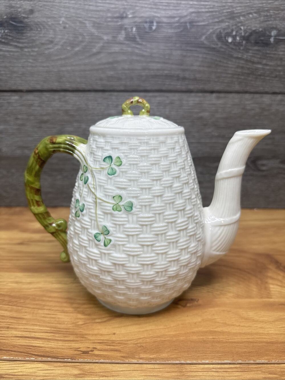 Belleek Basketweave Shamrock and Twig Coffee Pot Green Mark